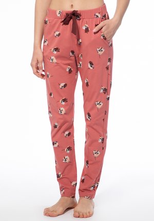 Baumwoll-Pyjama-Hosen in einem korallenfarbenen Farbton mit floralem Muster. Sie verfügen über einen elastischen Bund mit einer bordeauxfarbenen Kordel und seitlichen Taschen.