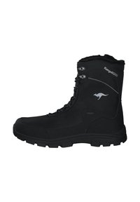 Stivale alla caviglia nero con tomaia in tessuto texture, chiusura con lacci, punta rinforzata e suola in gomma robusta, progettato per l'uso all'aperto.