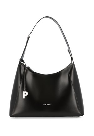 Schwarze Leder-Umhängetasche mit verstellbarem Riemen, silbernem "P"-Anhänger und "PICARD"-Logo in der Mitte vorne.