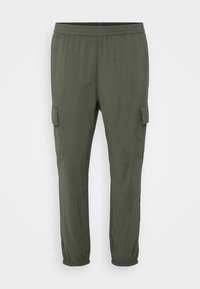 Πράσινα cargo παντελόνια με ελαστική μέση, στενές γραμμές στα πόδια και πλαϊνές τσέπες cargo. Φτιαγμένα από ελαφρύ ύφασμα με λεία υφή.