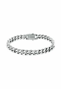 Bracciale in metallo silver con anelli ovali intrecciati. Presenta una chiusura a scatto, superficie liscia e finitura lucida.