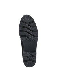 Black rubber sole with wavy texture and ridges, designed for grip. Features a rounded toe and a smooth upper edge.