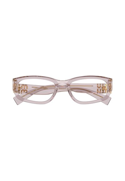 Lunettes transparentes rose clair avec un design angulaire, ornées d'accents dorés sur les branches et d'un détail subtil de la marque sur le côté.