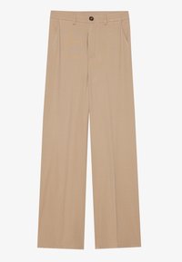 Beige wijde broek van zachte stof. Beschikt over twee voorkruiken en een enkele knoopsluiting bij de taille. Soepele textuur.