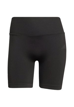 Shorts de sport noirs taille haute sans coutures avec une large ceinture côtelée et un logo discret sur la cuisse droite.