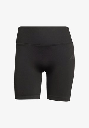 Pantaloncini atletici neri senza cuciture a vita alta con una larga fascia a costine e un logo discreto sulla coscia destra.