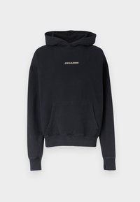 Sweat à capuche noir à manches longues, poche avant, poignets et ourlet côtelés, avec "PEGADOR" imprimé en blanc sur la poitrine.