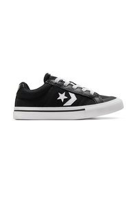 Schwarze Leinensneaker mit weißen Schnürsenkeln, die ein Stern- und Chevron-Design aufweisen. Gummisohle mit strukturiertem Grip und kontrastierenden weißen Akzenten.