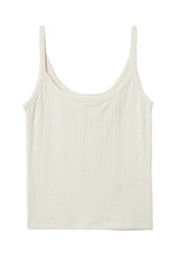 Lichtbeige tanktop met een textuurstof, brede schouderbanden en een ronde hals. Eenvoudig, onopgesmukt ontwerp.