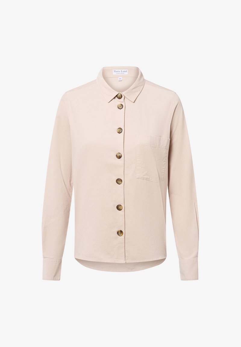 Camicia a maniche lunghe rosa chiaro realizzata in tessuto morbido, con apertura a bottoni, colletto e taschino sul petto con bordo arrotondato.
