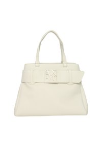 Borsa a mano in pelle bianca con un design strutturato, caratterizzata da doppi manici, una fascia larga e una placca con logo prominente sul davanti.