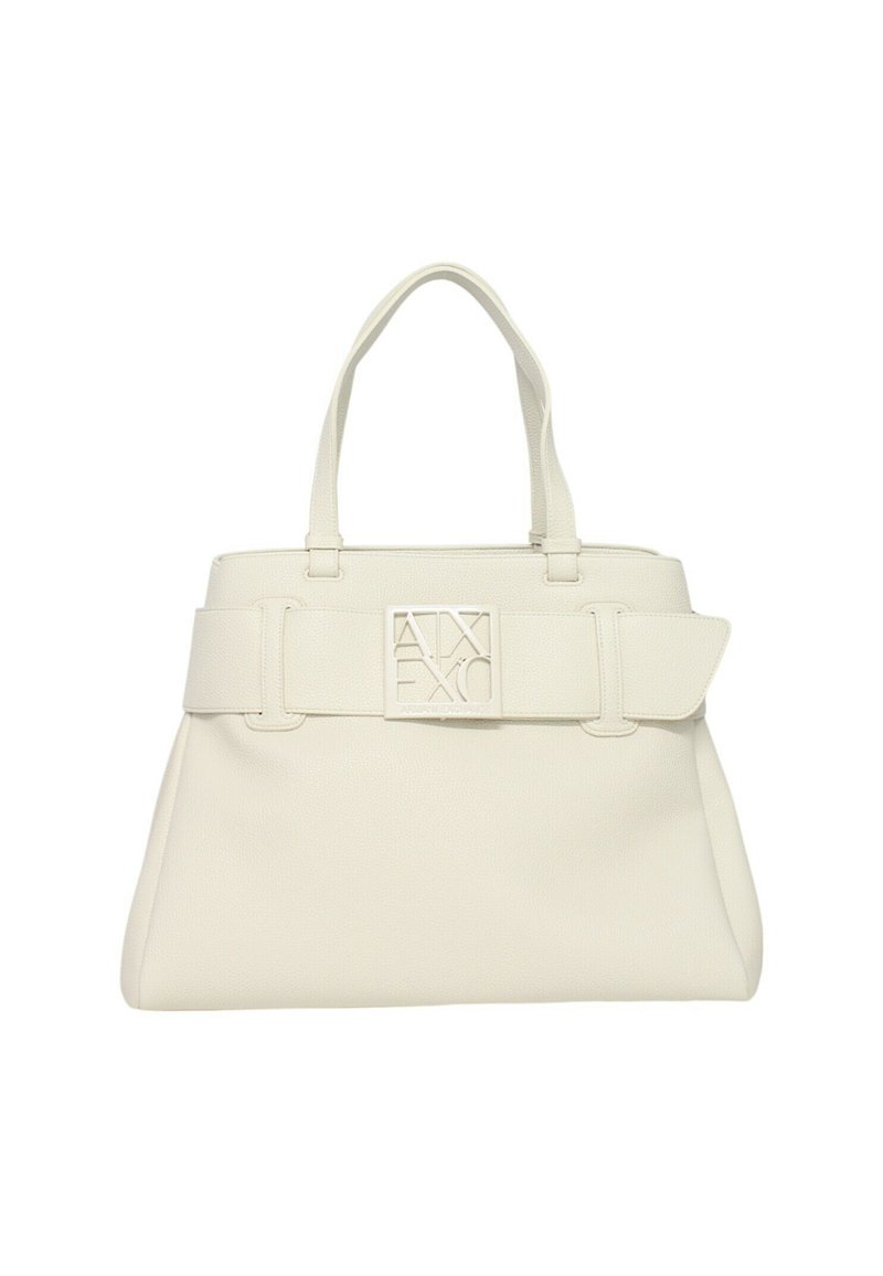 Borsa a mano in pelle bianca con un design strutturato, caratterizzata da doppi manici, una fascia larga e una placca con logo prominente sul davanti.