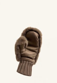 Bruine wanten met een voering van namaakbont, een gladde buitenkant en een geribbelde gebreide manchet voor extra warmte en comfort.