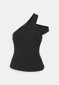 Musta, vartalonmyötäinen yksinkertainen olkapääpaita, valmistettu pehmeästä kankaasta. Siinä on vinomallinen pääntie ja lyhyt hiha toisella puolella, sileä pinta.