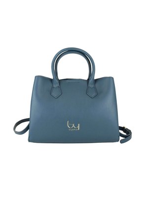 Borsa a tracolla in pelle blu con due manici superiori, una tracolla staccabile e un piccolo logo dorato impresso al centro anteriore.