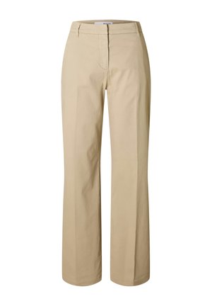 Pantalons larges beige en mélange de coton. Présente une texture lisse, une fermeture éclair sur le devant et deux poches latérales. Finition soignée avec une coupe droite.