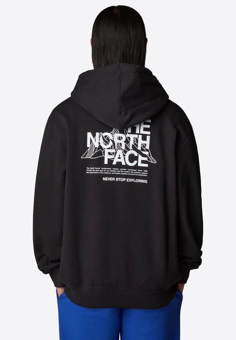 Zwarte hoodie van een katoenmengsel met een trekkoord capuchon. Heeft witte grafische tekst en een bergontwerp op de achterkant. Geribbelde manchetten en zoom.