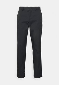 Svarta byxor med rak bendesign, tillverkade av slät tyg, med dragkedja, bälteshällor och en sidoficka med beslag.