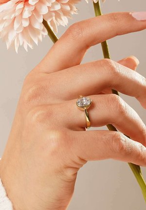 Goldring mit einem großen, klaren ovalen Edelstein, der an einer Hand getragen wird, die einen grünen Stängel hält, mit einer strukturierten Handfläche und zart rosa Nagellack.