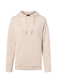 Sudadera beige claro con un corte relajado, hombros caídos y cordones que presentan una marca. Incluye un sutil bordado de logo en la manga.