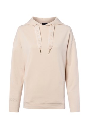 Licht beige hoodie met een relaxte pasvorm, drop shoulders en trekkoorden met branding. Inclusief subtiele logo borduurwerk op de mouw.