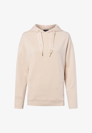 Licht beige hoodie met een relaxte pasvorm, drop shoulders en trekkoorden met branding. Inclusief subtiele logo borduurwerk op de mouw.