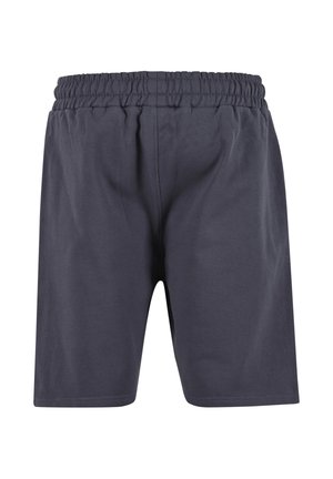 Tmavě modré elastické kraťasy s měkkou látkou, volným střihem a délkou ke kolenům.