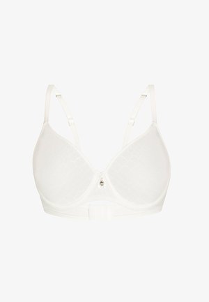 Weißer BH aus einem weichen, strukturierten Stoff mit einem subtilen Schlangenhautmuster, verstellbaren Trägern und einem dekorativen Schmuckstück in der Mitte der Vorderseite.