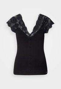 Haut noir ajusté sans manches avec boutons sur le devant et décolleté en V large en dentelle florale, avec détails aux épaules.