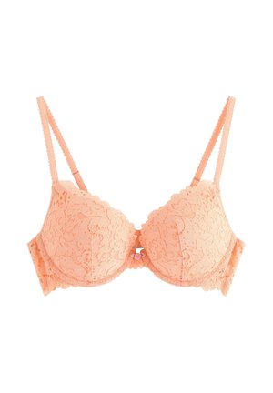 Blød peach-farvet blonde-bh med bøjle, justerbare tynde stropper, blomstermønster og dekorativ lille rose-detalje foran i midten.