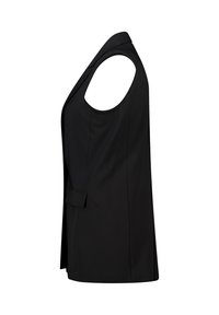 Zwarte mouwloze bodywarmer met een gestroomlijnd ontwerp, voorzien van een enkele zak aan de voorkant en een gladde, matte afwerking. Getailleerde pasvorm met minimale details.