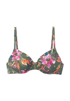 Grüner, gepolsterter Bügel-BH mit lebhaftem Blumenmuster in Pink, Orange, Blau und Lila, mit verstellbaren Trägern.