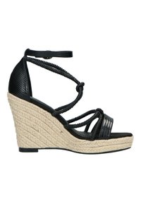 Sandali wedge neri con strap testurizzati, suola in juta intrecciata e dettagli in gomma trasparente. Presentano una forma curva e una cinghia alla caviglia regolabile.
