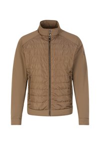 Giacca marrone con parte anteriore trapuntata, alto colletto e chiusura con zip. Presenta maniche lisce e due tasche laterali con zip. Design leggero e stratificato.