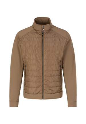 Veston marron avec un devant matelassé, un col montant et une fermeture éclair. Dispose de manches lisses et de deux poches latérales zippées. Design léger et superposé.