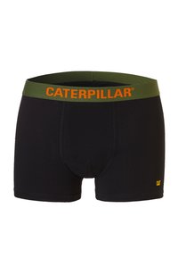 Zwarte boxer shorts met een groene tailleband gemarkeerd "CATERPILLAR" in oranje. Voorzien van een klein geel logo op de rechter onderzijde.