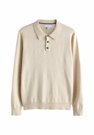 Beige långärmad polo-tröja med klassisk krage, tre-knapps knäppning och ribbad mudd. Texturerad stickad tyg, avslappnad design.