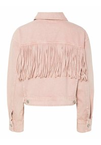 Lyserød denimjakke med en let cropped pasform, der har frynse-detaljer på ryggen, knaplukninger og standard kravedesign.