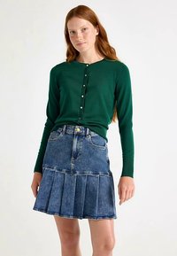 Zelený kardigan s dlouhým rukávem s knoflíkovými detaily, zkombinovaný s džínovou plisovanou sukní s vysokým pasem a modrým odstínem.