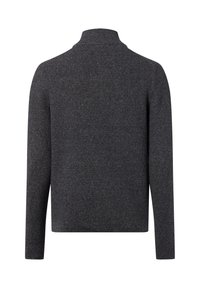 Donkergrijze gebreide trui met hoge kraag, textuurstof, lange mouwen en een boxy silhouet. Geen zichtbare patronen of accenten.