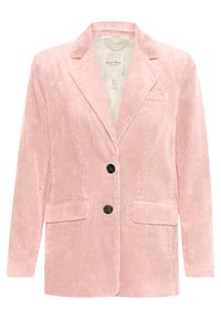 Rosa kordflädsblazer med snedskuren krage, två frampocket och tre svarta knappar framtill. Vertikal ribbad textur.
