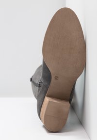 Semelle d'une bottine grise en daim avec un petit talon carré, taille 37 marquée sur la semelle lisse couleur beige, posée contre un coin blanc.