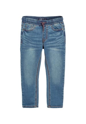 Kinder spijkerbroek in medium blauw met elastische tailleband, trekkoord, voorzakken en vervaagde beschadigingsdetails.