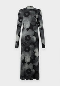 Long-sleeve dress in black fabric with large grey floral pattern, featuring a mock neck and a straight silhouette that flows to the floor.