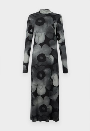 Long-sleeve dress in black fabric with large grey floral pattern, featuring a mock neck and a straight silhouette that flows to the floor.