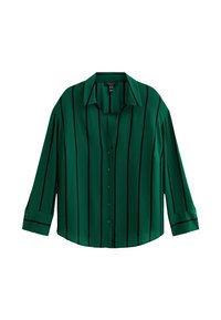 Chemise verte à boutons avec des rayures verticales noires, col, et manches longues retroussées aux poignets. Tissu lisse avec une coupe décontractée.