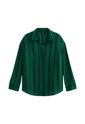 Green button-up shirt with black vertical stripes, collar, and long sleeves rolled at the cuffs. Smooth fabric with a relaxed fit.