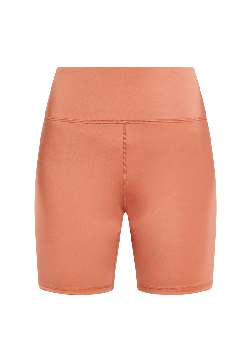 Pantaloni corti a vita alta, di lunghezza al ginocchio, realizzati in un tessuto liscio ed elastico di un colore arancione tenue, con cuciture piatte per il massimo comfort.