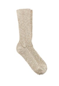 Calzino rigato beige realizzato in un morbido tessuto a maglia, con lunghezza fino al polpaccio e punta rinforzata per una maggiore durata.