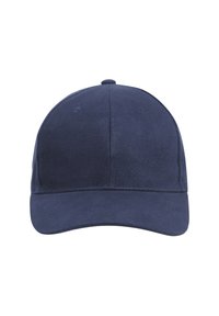 Casquette de baseball bleu marine en tissu, avec une couronne arrondie et une visière courbée, sans motifs ni ornements supplémentaires.